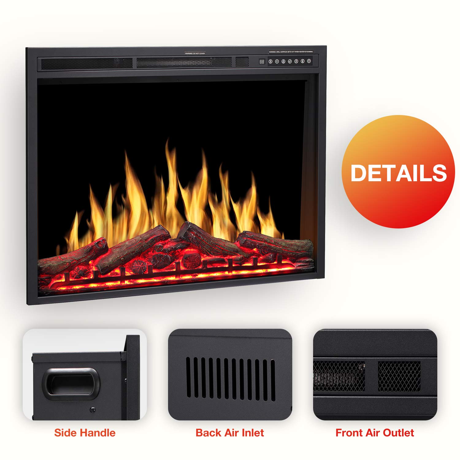 R.W.FLAME 34" Black 750W-1500W Infrared Electric Fireplace Insert With Logs, Touch Screen and Remote Control