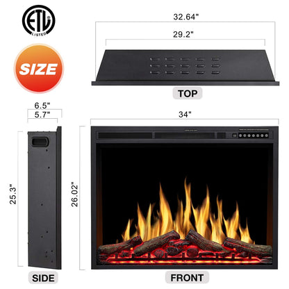 R.W.FLAME 34" Black 750W-1500W Infrared Electric Fireplace Insert With Logs, Touch Screen and Remote Control