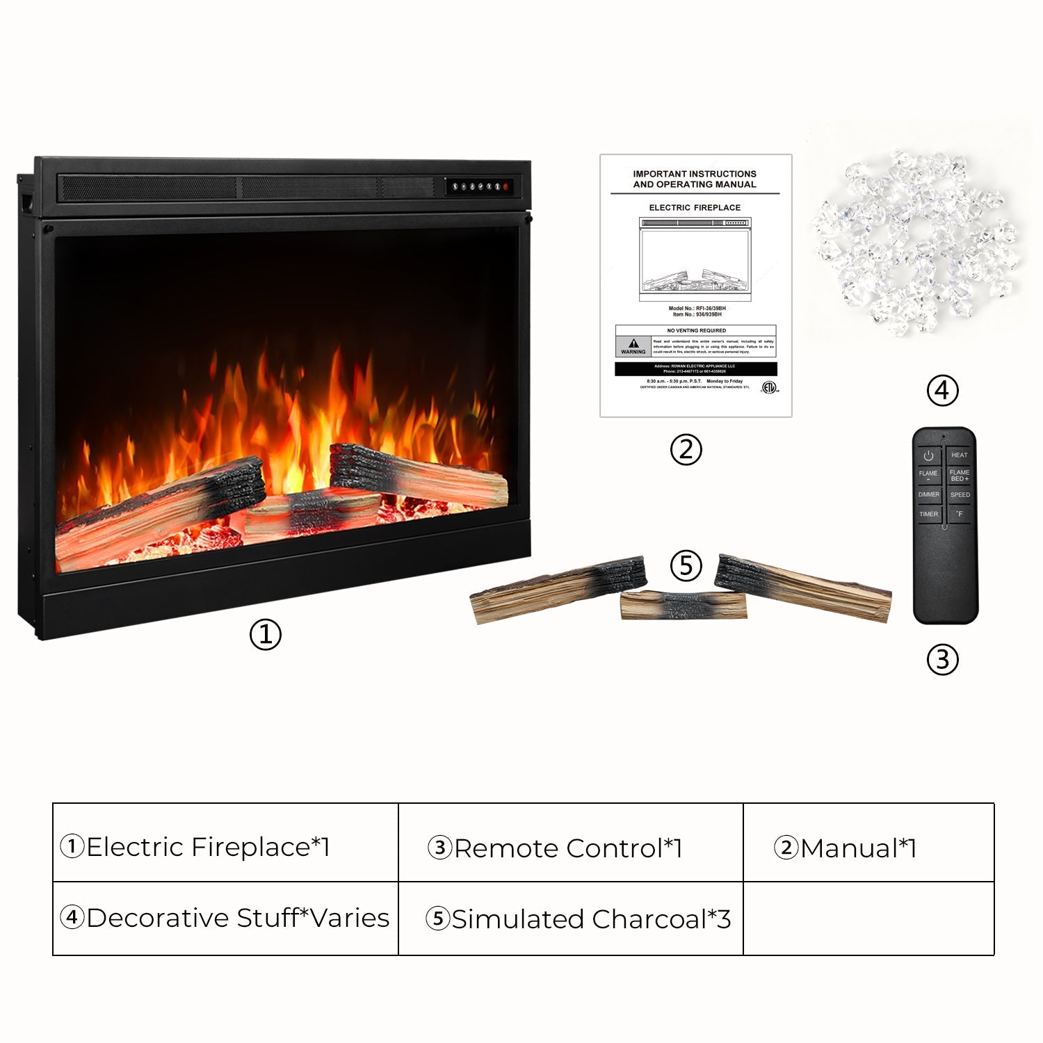 R.W.FLAME 36" Black 750W-1500W Electric Fireplace Insert With Remote Adjustable Temperature and Flame