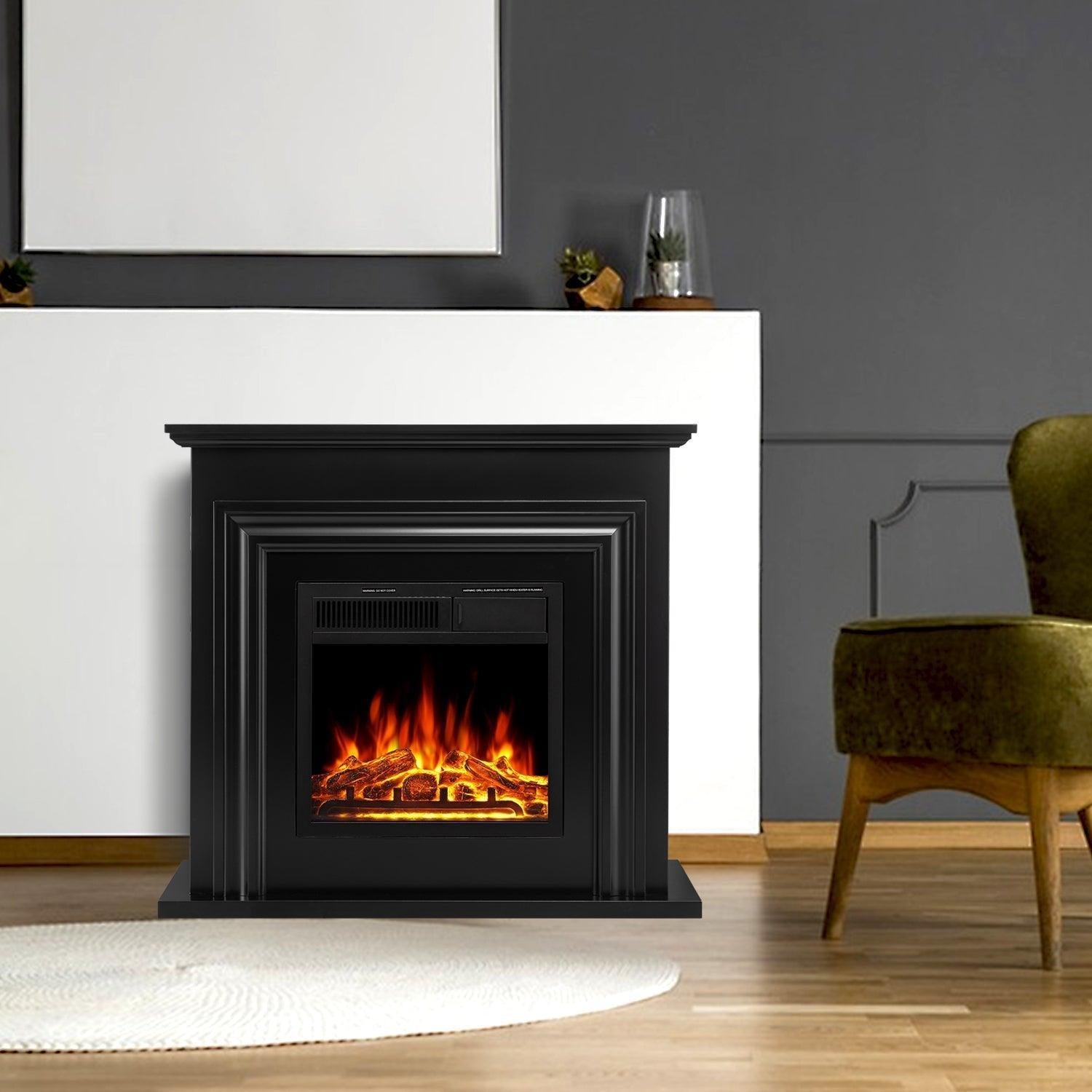 R.W.FLAME 36" Black Freestanding Wooden Mantel and Electric Fireplace With Adjustable Led Flame