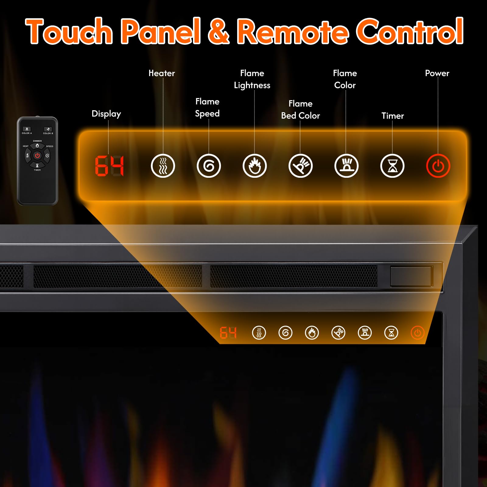 R.W.FLAME 39" Black 750W-1500W Electric Fireplace Insert With Adjustable Flame Colors, Brightness, Touch Panel and Remote Control