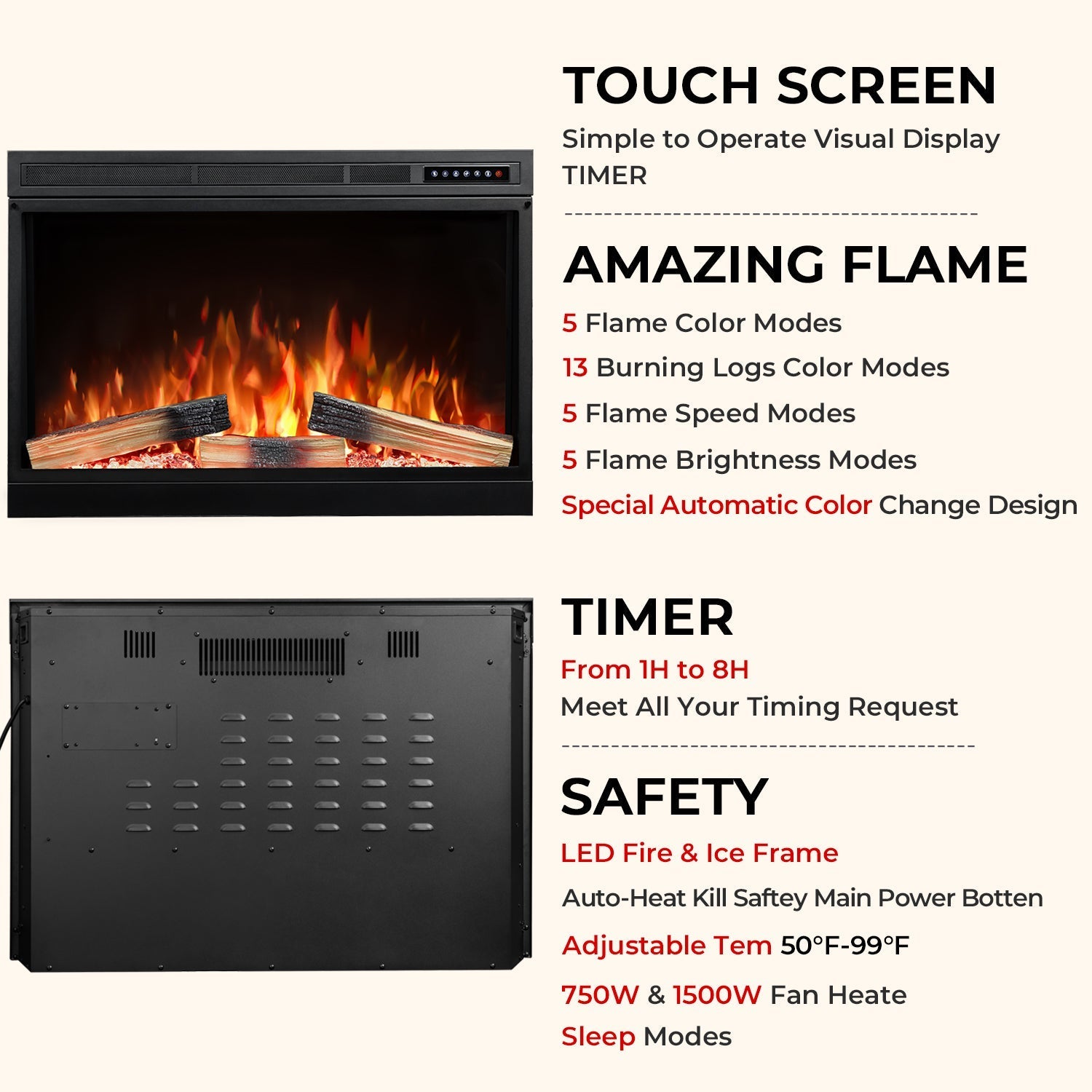 R.W.FLAME 39" Black 750W-1500W Electric Fireplace Insert With Remote Adjustable Temperature and Flame