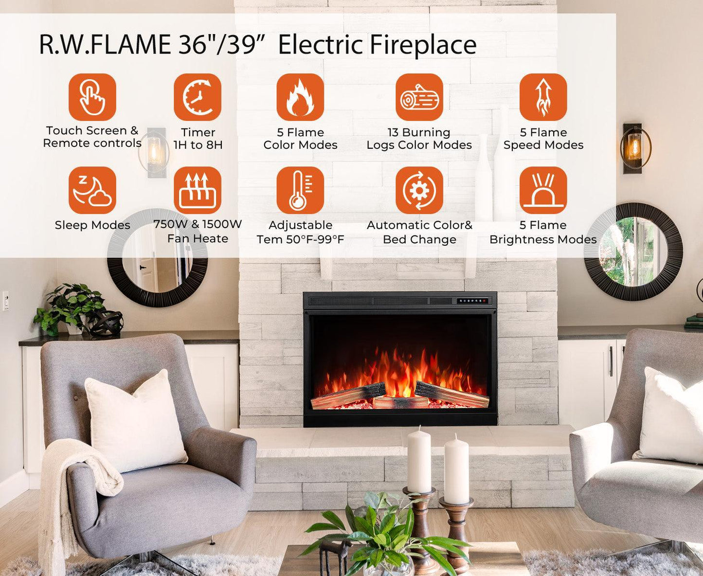 R.W.FLAME 39" Black 750W-1500W Electric Fireplace Insert With Remote Adjustable Temperature and Flame