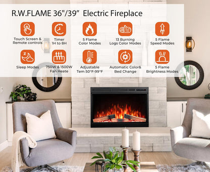 R.W.FLAME 39" Black 750W-1500W Electric Fireplace Insert With Remote Adjustable Temperature and Flame