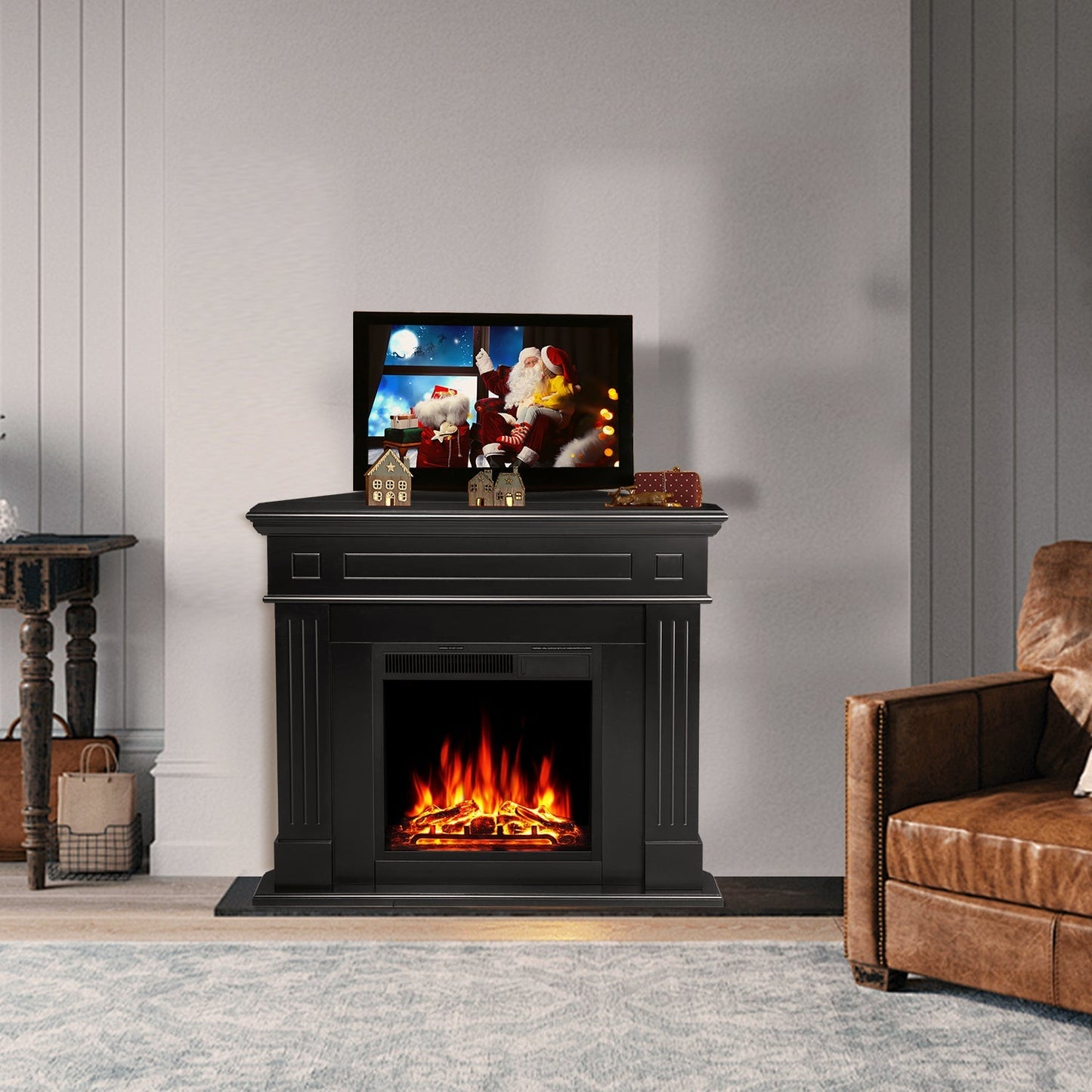 R.W.FLAME 43" Black 750-1500W Freestanding Wooden Corner Mantel and Electric Fireplace With Logs