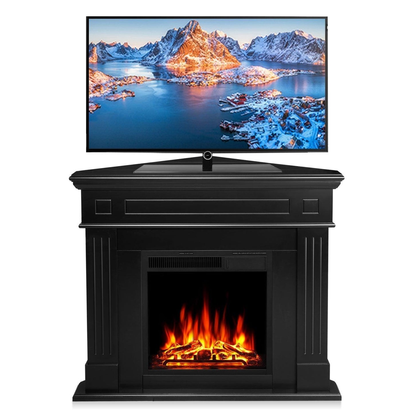 R.W.FLAME 43" Black 750-1500W Freestanding Wooden Corner Mantel and Electric Fireplace With Logs