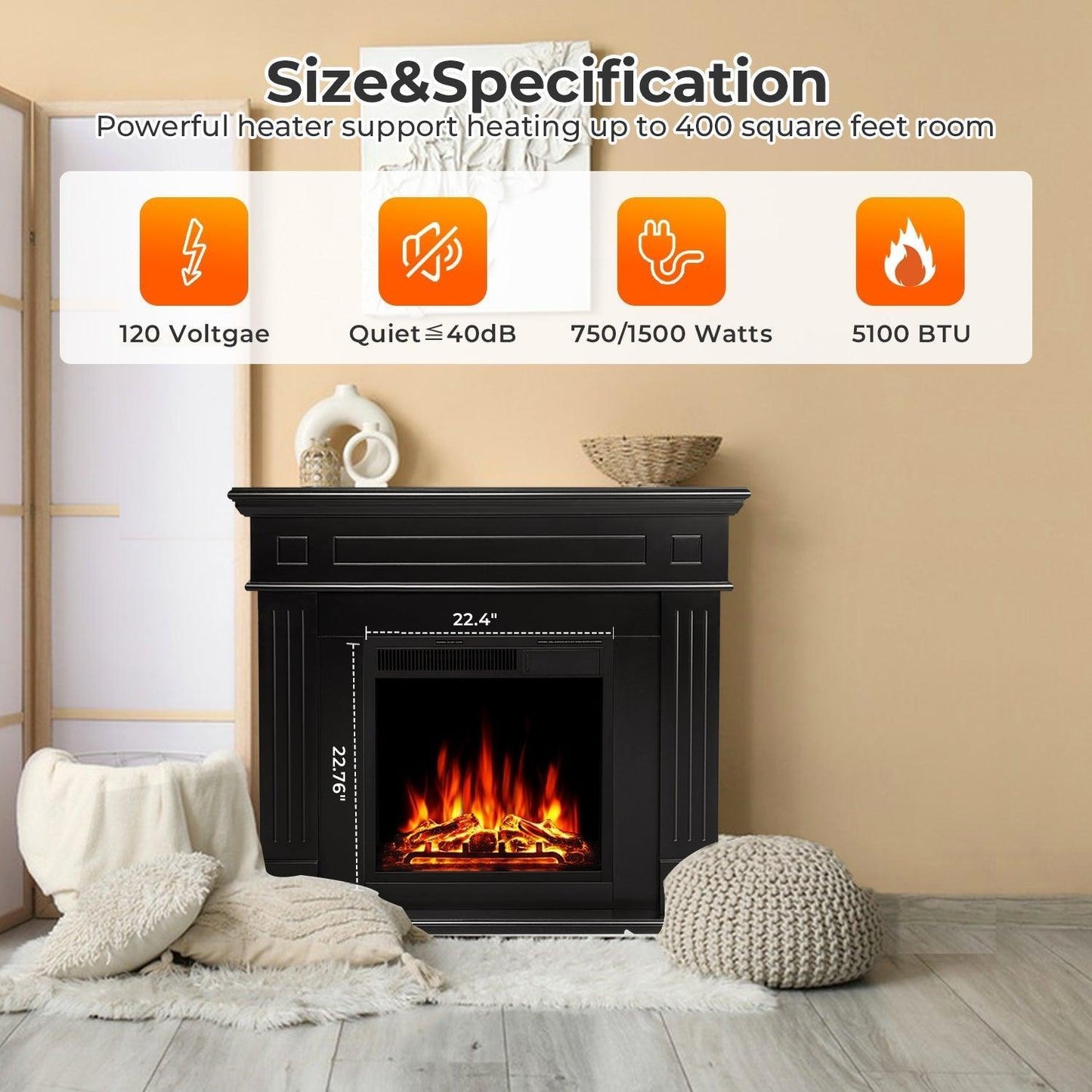 R.W.FLAME 43" Black 750-1500W Freestanding Wooden Corner Mantel and Electric Fireplace With Logs
