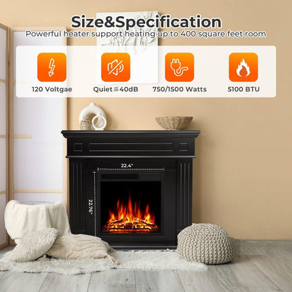R.W.FLAME 43" Black 750-1500W Freestanding Wooden Corner Mantel and Electric Fireplace With Logs
