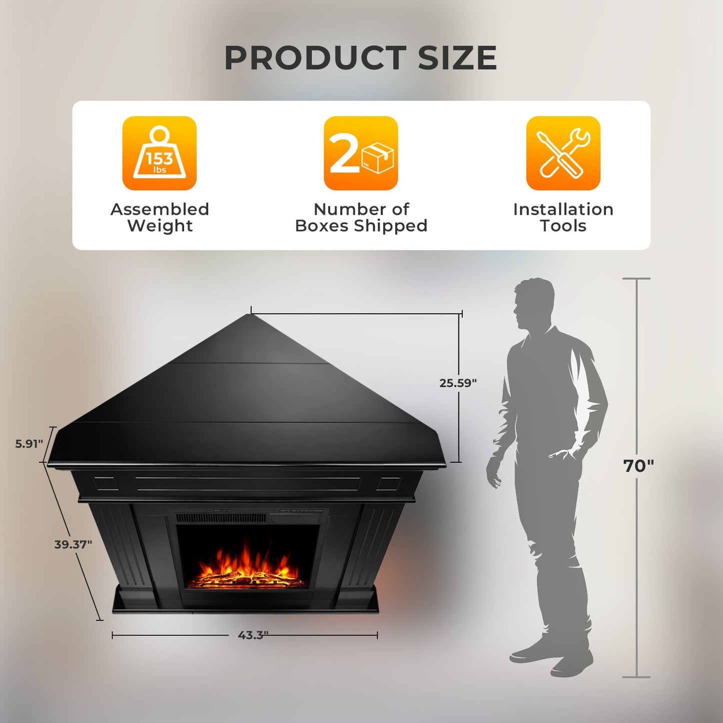 R.W.FLAME 43" Black 750-1500W Freestanding Wooden Corner Mantel and Electric Fireplace With Logs