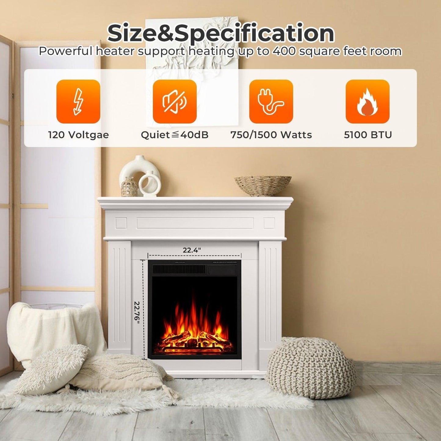 R.W.FLAME 43" White 750-1500W Freestanding Wooden Corner Mantel and Electric Fireplace With Logs