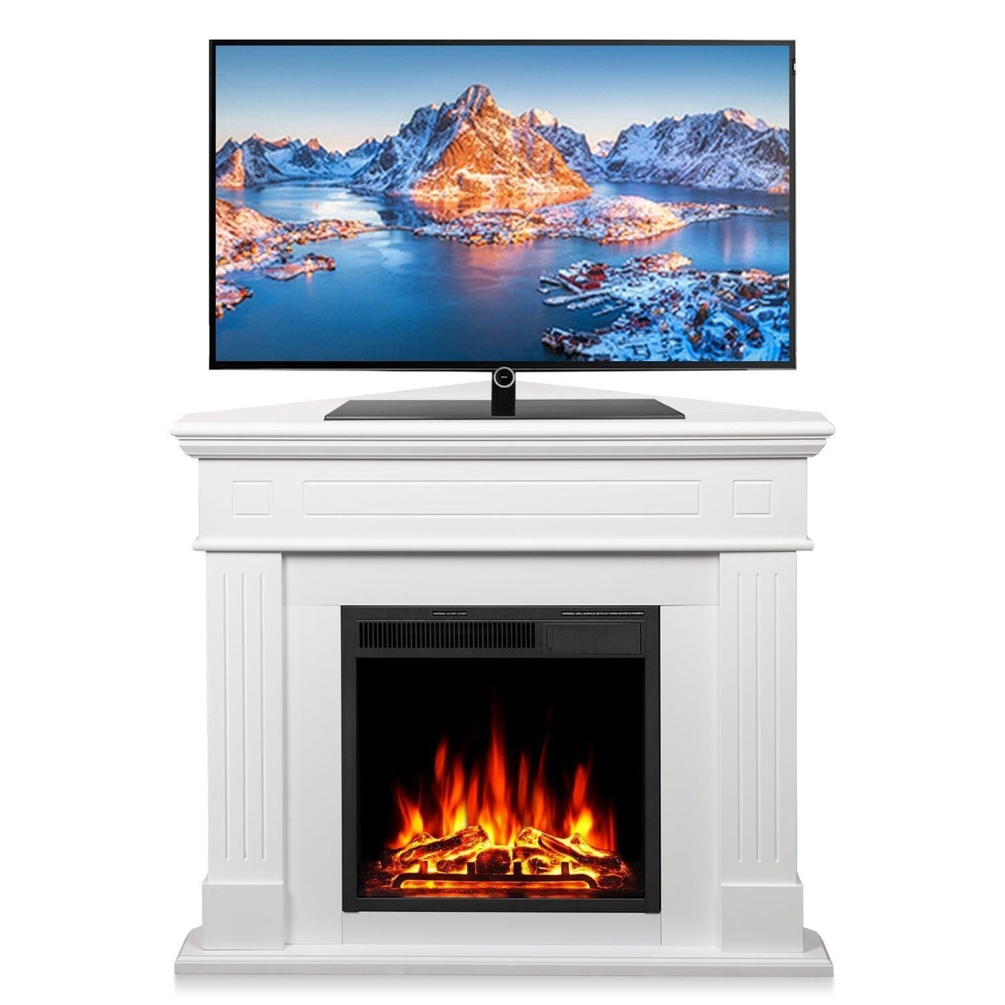 R.W.FLAME 43" White 750-1500W Freestanding Wooden Corner Mantel and Electric Fireplace With Logs