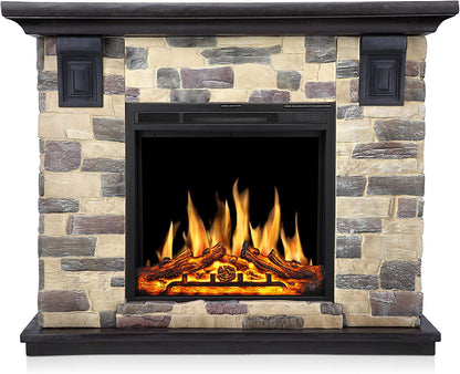 R.W.FLAME 50" Freestanding Stone Mantel Package With Electric Fireplace Heater, Remote Control and TV Stand
