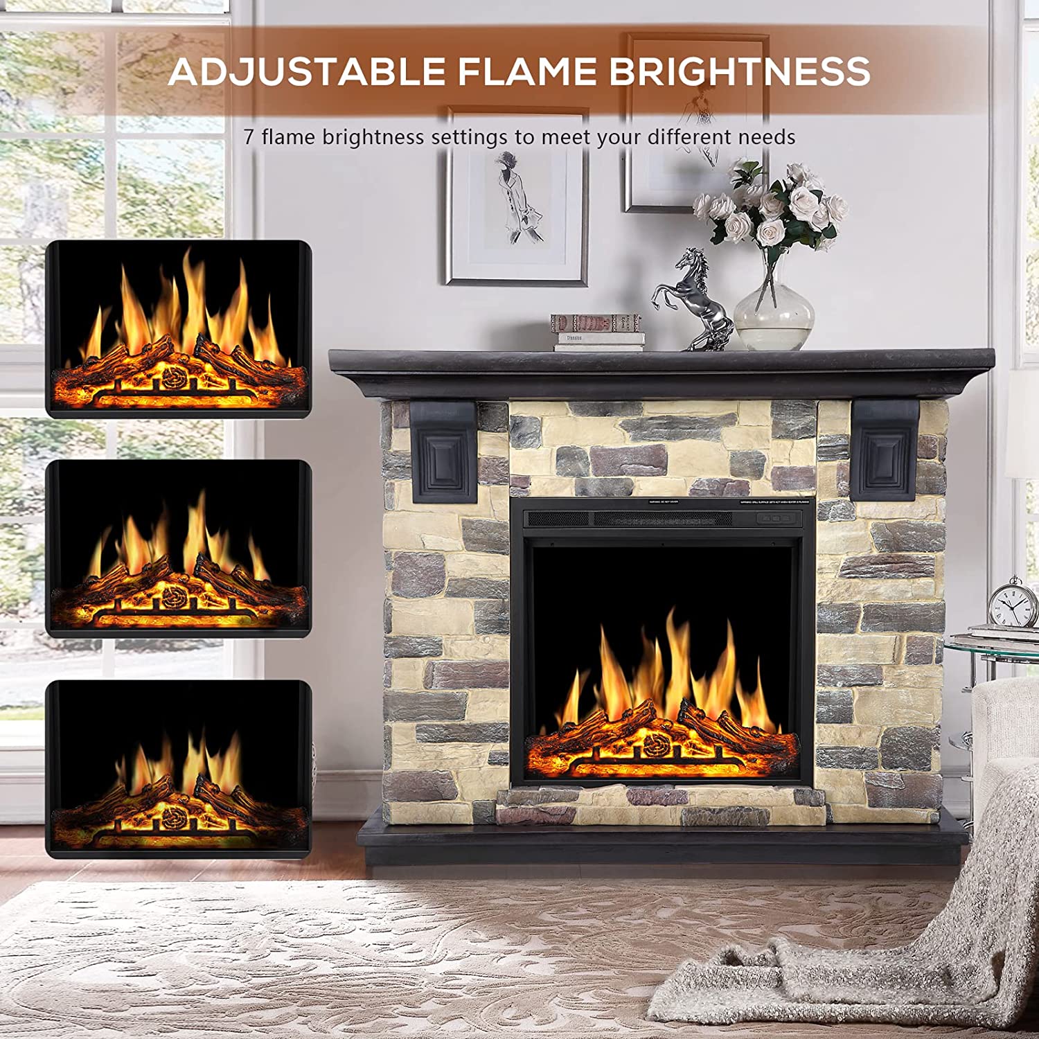 R.W.FLAME 50" Freestanding Stone Mantel Package With Electric Fireplace Heater, Remote Control and TV Stand
