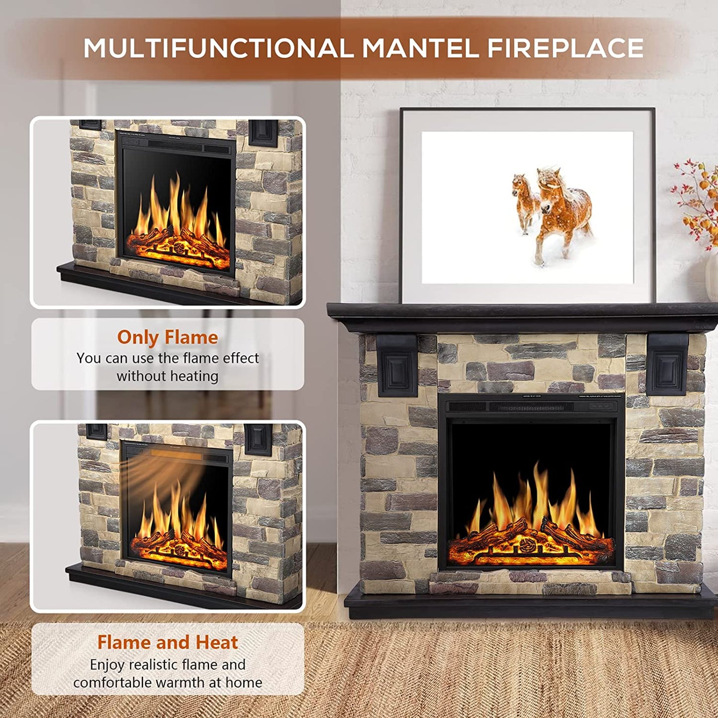 R.W.FLAME 50" Freestanding Stone Mantel Package With Electric Fireplace Heater, Remote Control and TV Stand