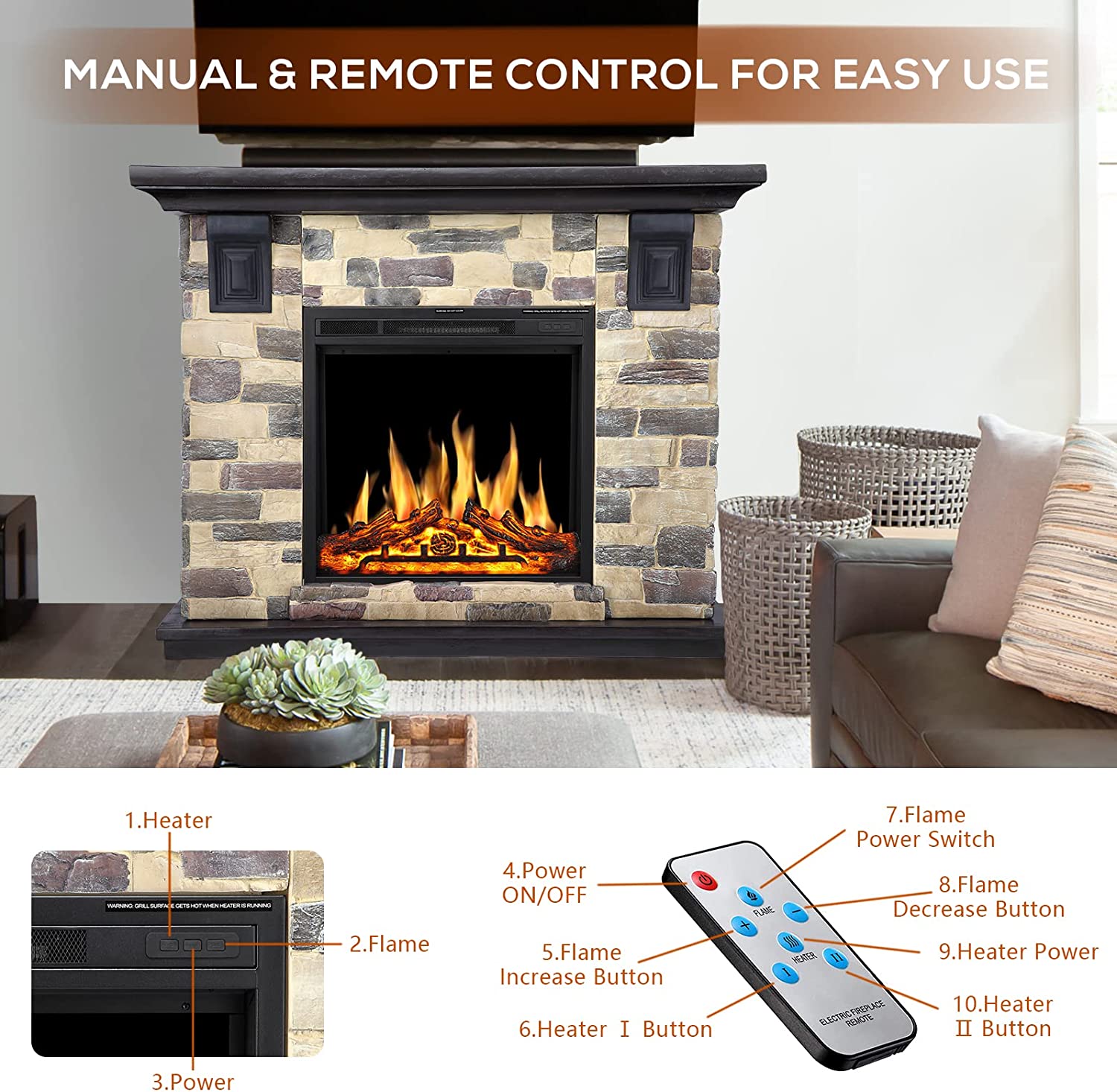 R.W.FLAME 50" Freestanding Stone Mantel Package With Electric Fireplace Heater, Remote Control and TV Stand