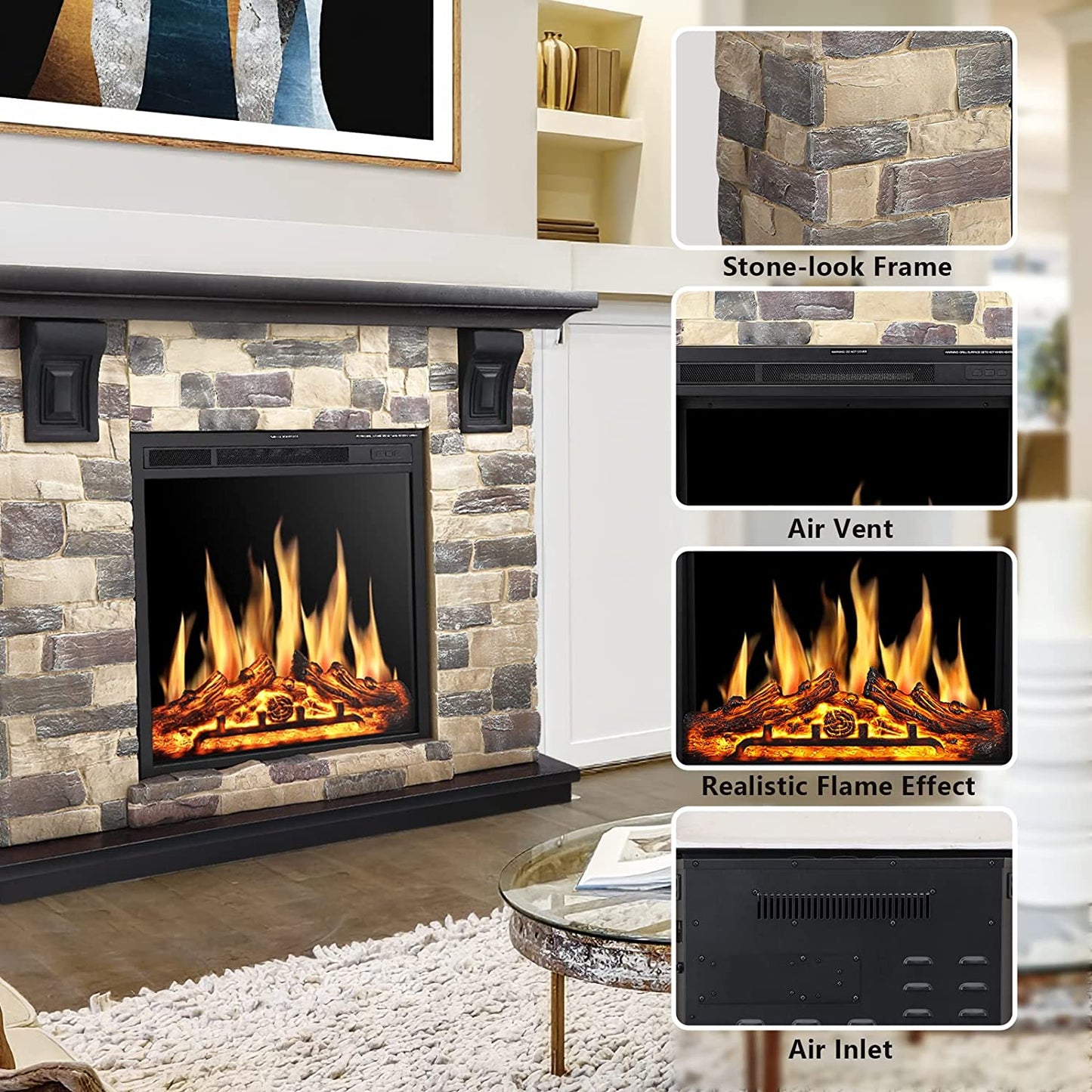 R.W.FLAME 50" Freestanding Stone Mantel Package With Electric Fireplace Heater, Remote Control and TV Stand