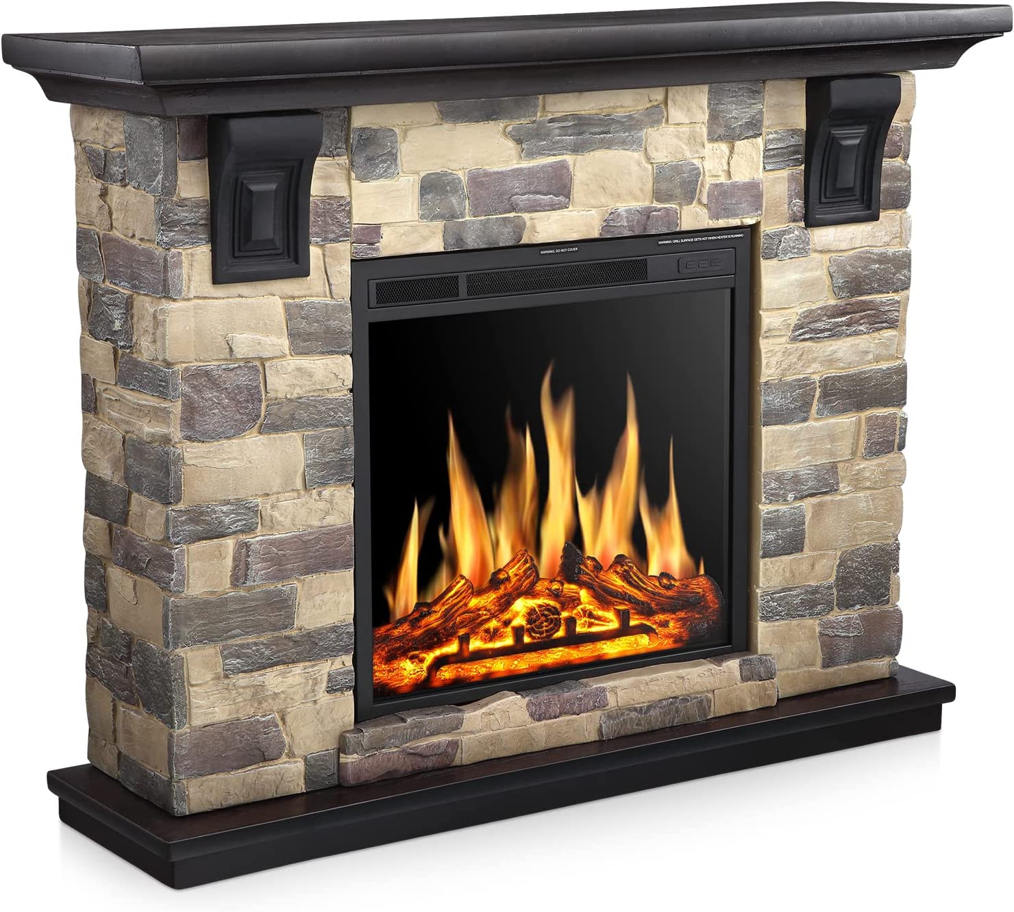 R.W.FLAME 50" Freestanding Stone Mantel Package With Electric Fireplace Heater, Remote Control and TV Stand