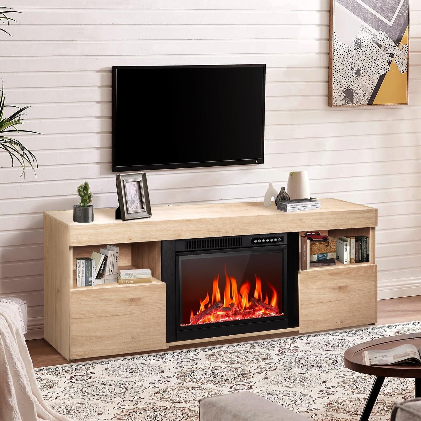 R.W.FLAME 59" Light Oak Wooden TV Stand, 750-1500W Electric Fireplace With Remote Control, Adjustable Flame and Timer