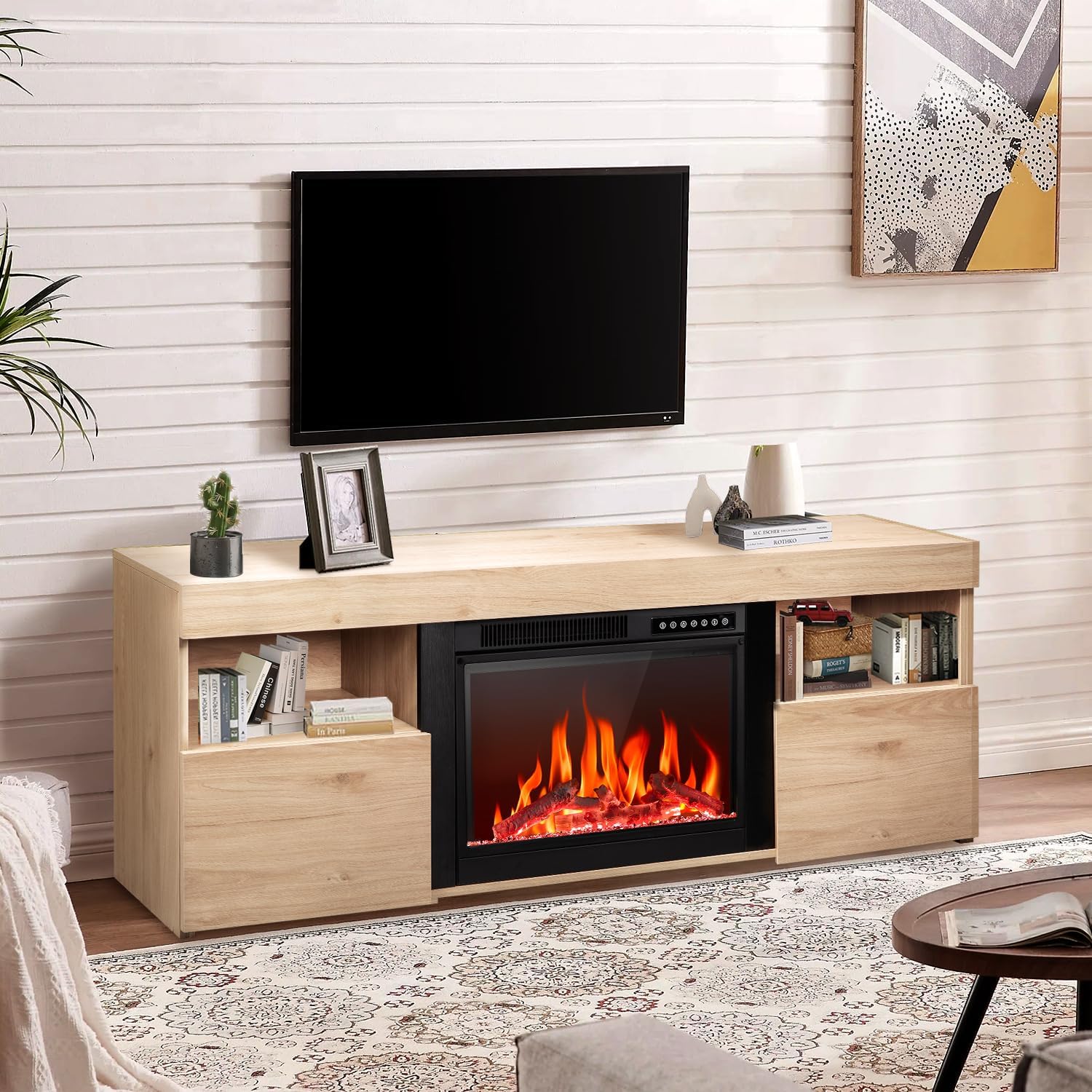R.W.FLAME 59" Light Oak Wooden TV Stand, 750-1500W Electric Fireplace With Remote Control, Adjustable Flame and Timer