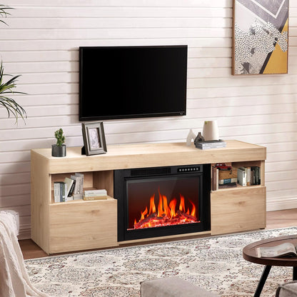 R.W.FLAME 59" Light Oak Wooden TV Stand, 750-1500W Electric Fireplace With Remote Control, Adjustable Flame and Timer