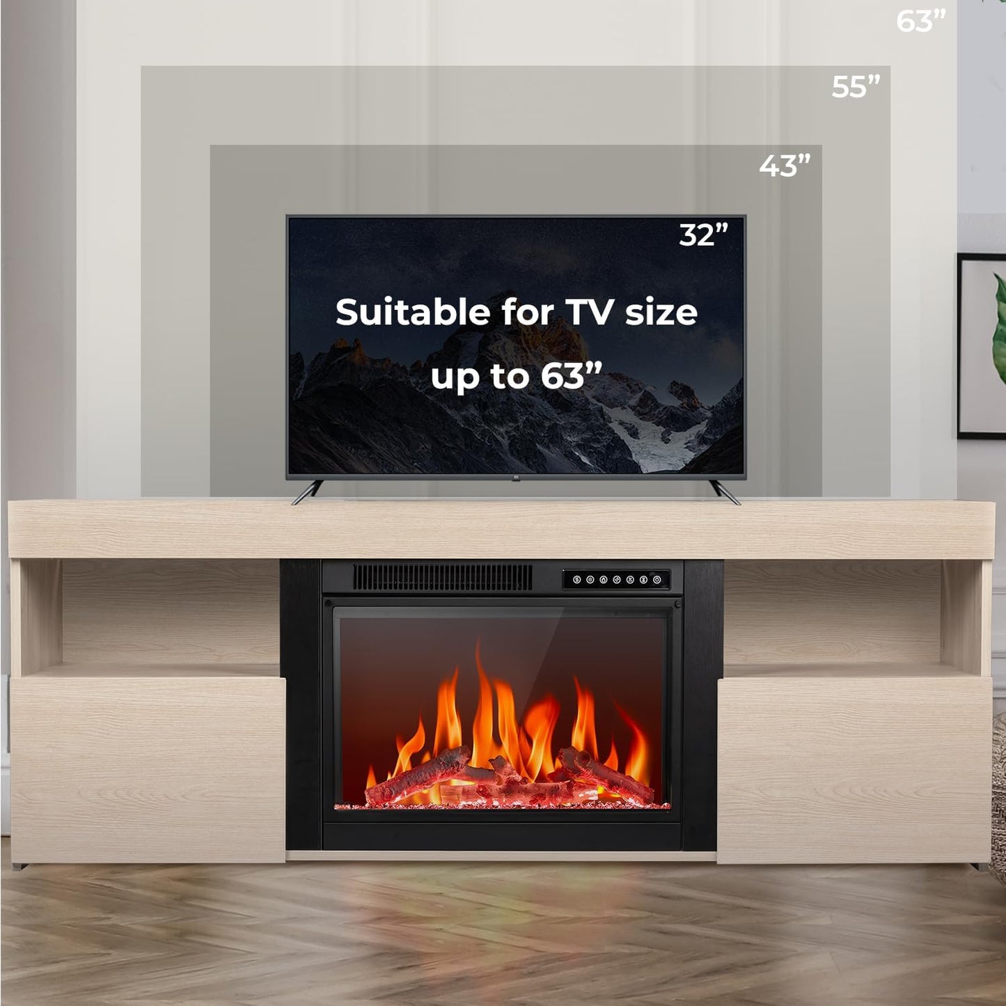 R.W.FLAME 59" Light Oak Wooden TV Stand, 750-1500W Electric Fireplace With Remote Control, Adjustable Flame and Timer