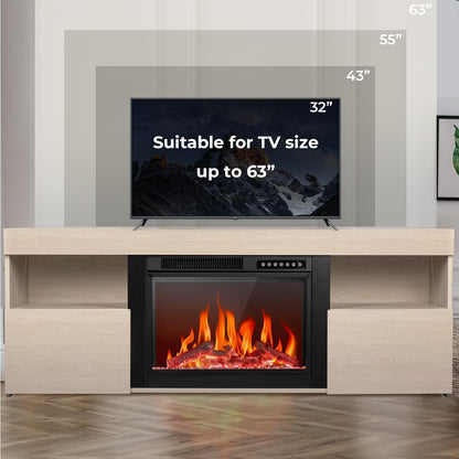 R.W.FLAME 59" Light Oak Wooden TV Stand, 750-1500W Electric Fireplace With Remote Control, Adjustable Flame and Timer