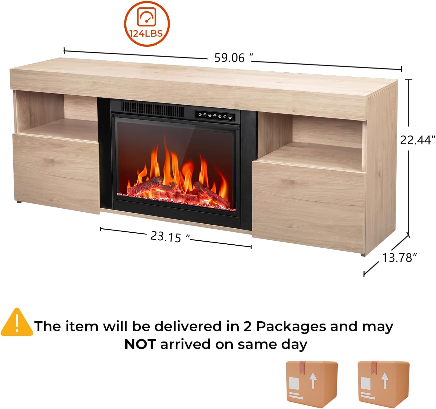 R.W.FLAME 59" Light Oak Wooden TV Stand, 750-1500W Electric Fireplace With Remote Control, Adjustable Flame and Timer