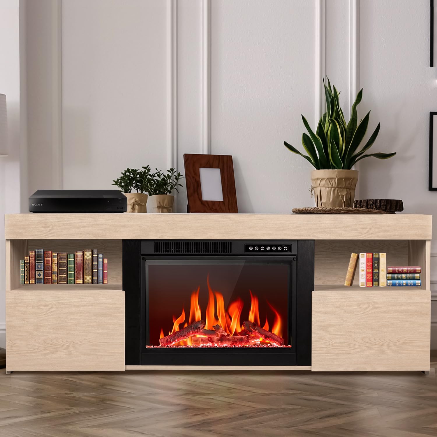 R.W.FLAME 59" Light Oak Wooden TV Stand, 750-1500W Electric Fireplace With Remote Control, Adjustable Flame and Timer