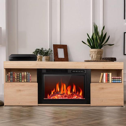 R.W.FLAME 59" Pecan Wooden TV Stand, 750-1500W Electric Fireplace With Remote Control, Adjustable Flame and Timer