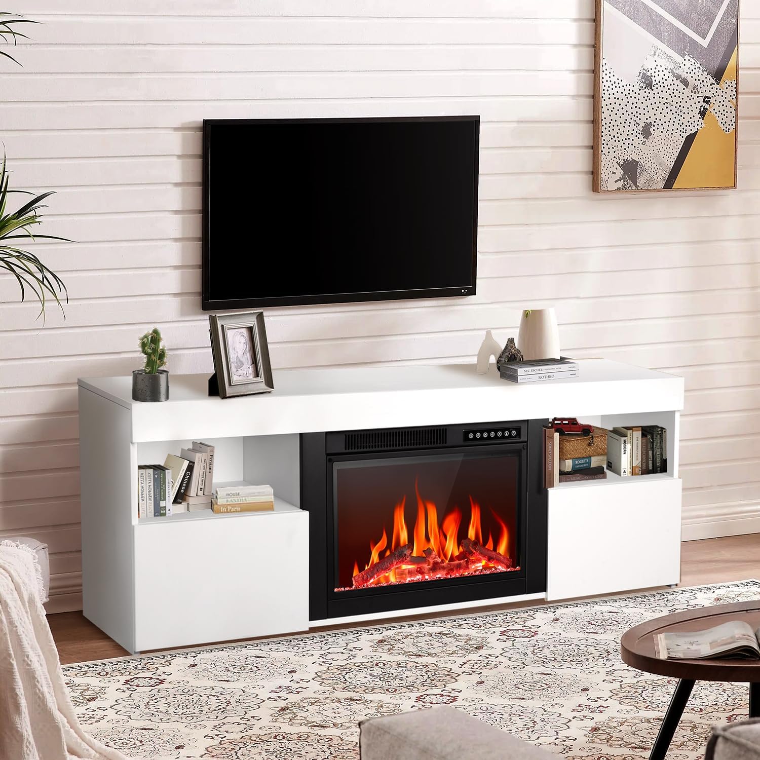 R.W.FLAME 59" White Wooden TV Stand, 750-1500W Electric Fireplace With Remote Control, Adjustable Flame and Timer