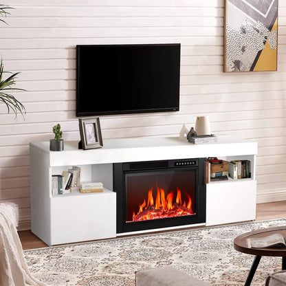 R.W.FLAME 59" White Wooden TV Stand, 750-1500W Electric Fireplace With Remote Control, Adjustable Flame and Timer