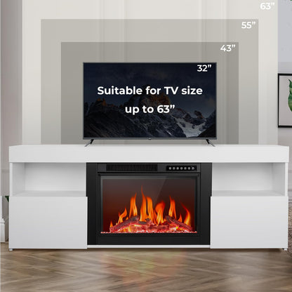 R.W.FLAME 59" White Wooden TV Stand, 750-1500W Electric Fireplace With Remote Control, Adjustable Flame and Timer