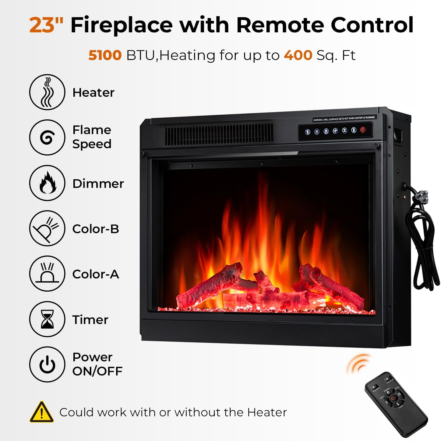 R.W.FLAME 59" White Wooden TV Stand, 750-1500W Electric Fireplace With Remote Control, Adjustable Flame and Timer