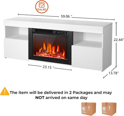 R.W.FLAME 59" White Wooden TV Stand, 750-1500W Electric Fireplace With Remote Control, Adjustable Flame and Timer
