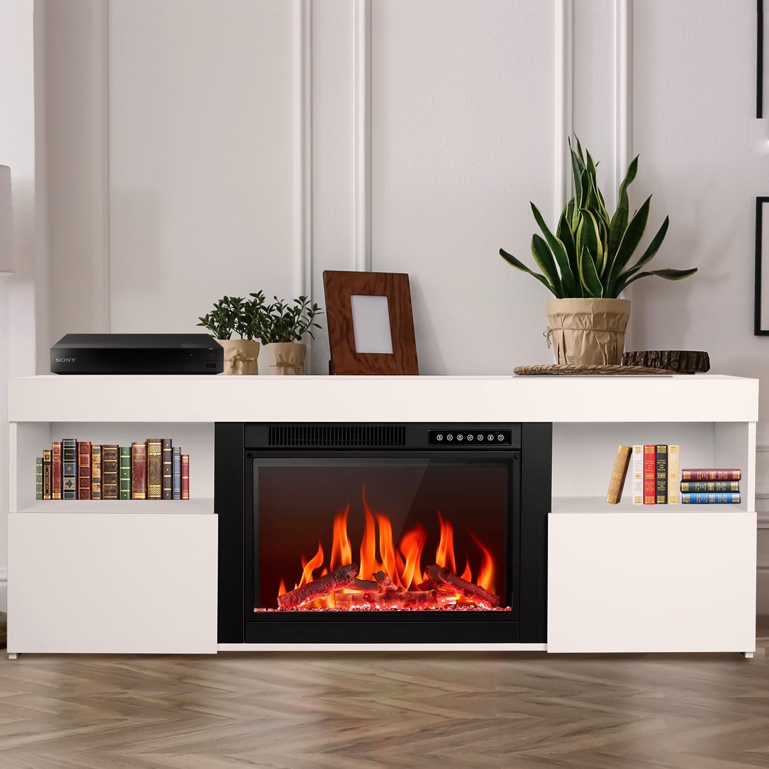 R.W.FLAME 59" White Wooden TV Stand, 750-1500W Electric Fireplace With Remote Control, Adjustable Flame and Timer
