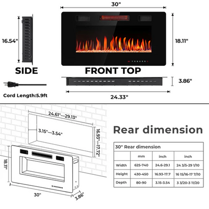 R.W.FLAME C3 Series 30" Black Ultra-Thin Recessed Wall-Mounted Electric Fireplace