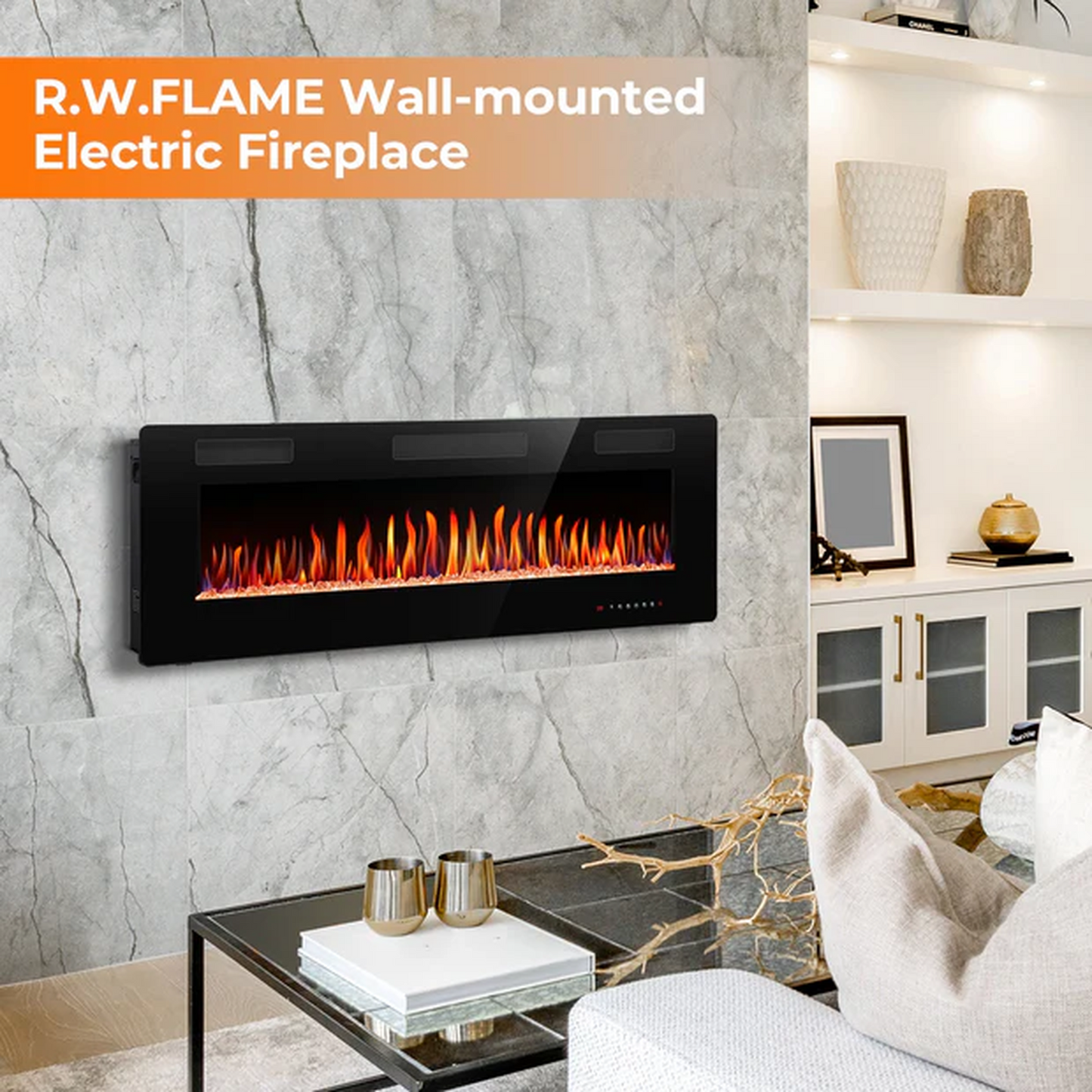 R.W.FLAME C3 Series 36" Black Ultra-Thin Recessed Wall-Mounted Electric Fireplace