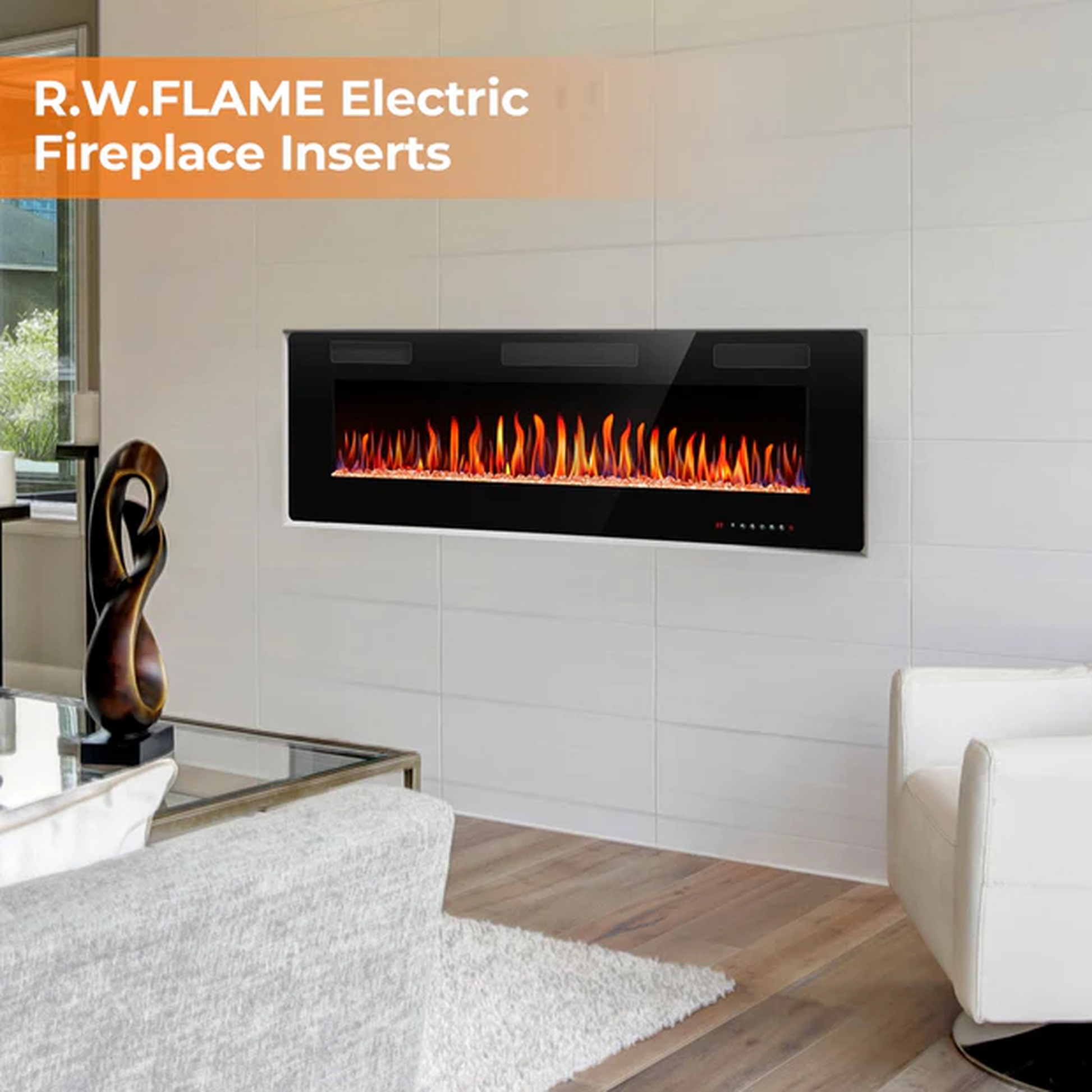 R.W.FLAME C3 Series 36" Black Ultra-Thin Recessed Wall-Mounted Electric Fireplace
