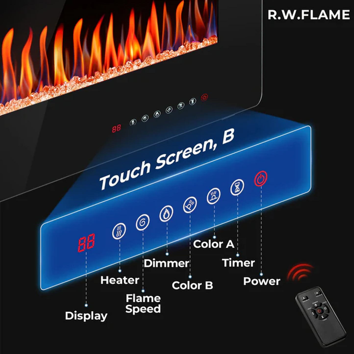 R.W.FLAME C3 Series 36" Black Ultra-Thin Recessed Wall-Mounted Electric Fireplace