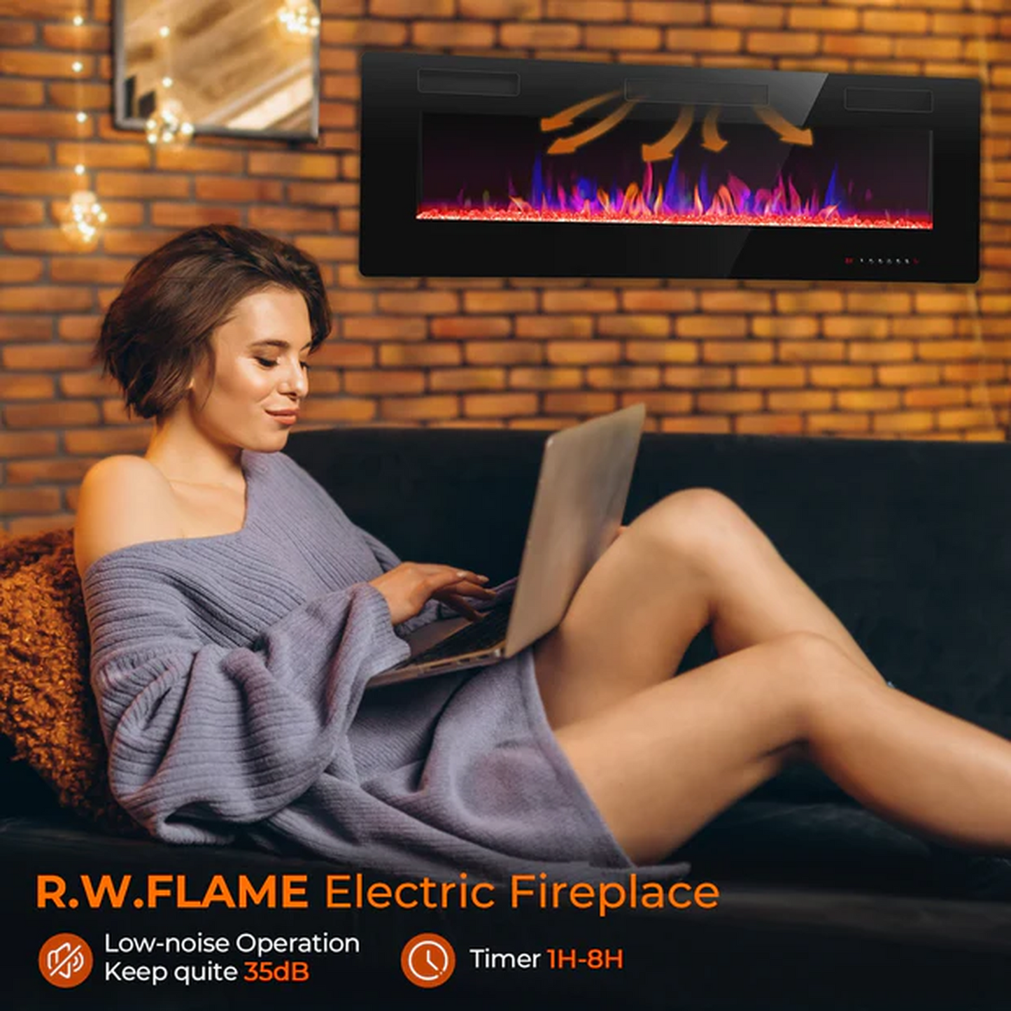 R.W.FLAME C3 Series 36" Black Ultra-Thin Recessed Wall-Mounted Electric Fireplace