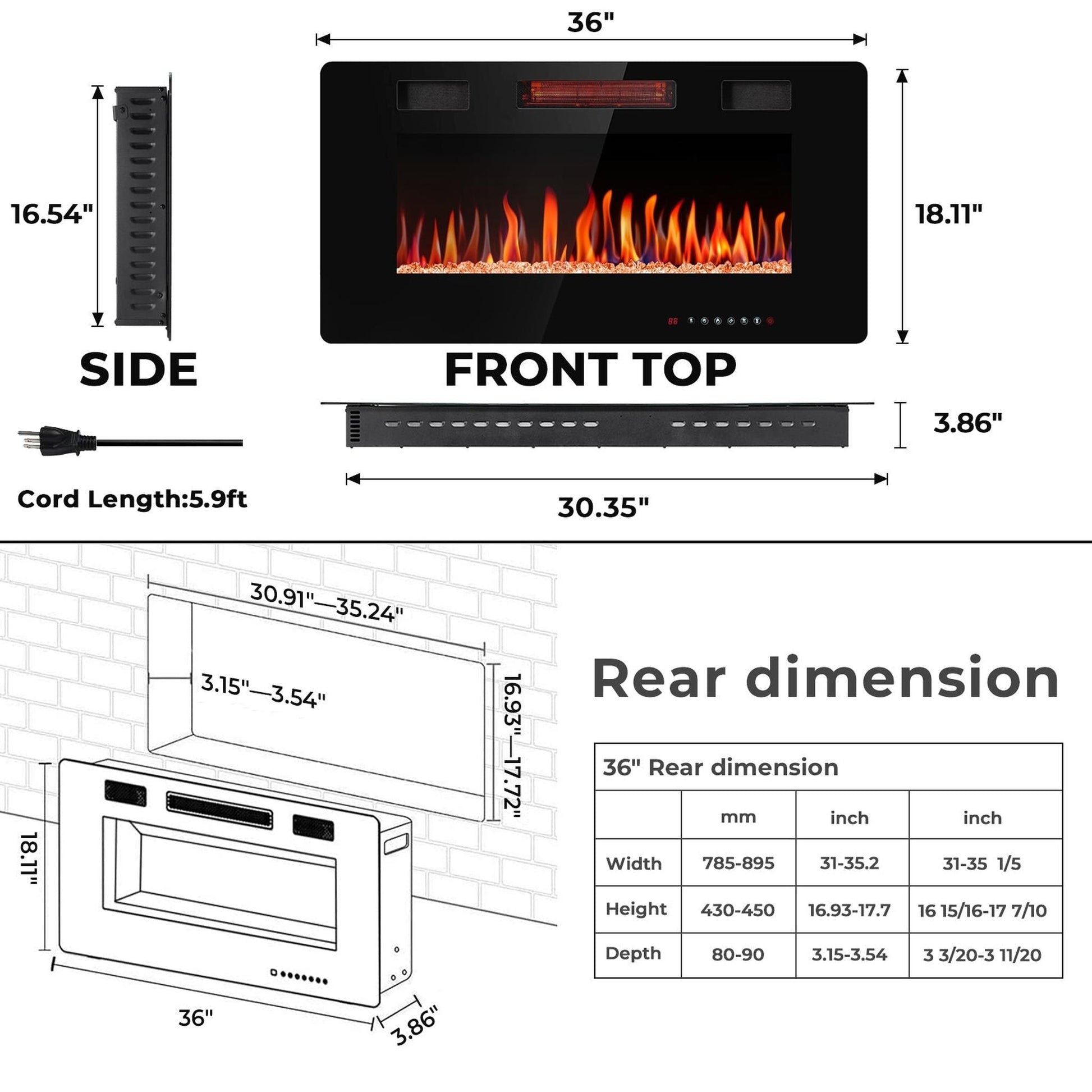 R.W.FLAME C3 Series 36" Black Ultra-Thin Recessed Wall-Mounted Electric Fireplace