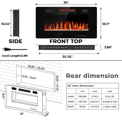 R.W.FLAME C3 Series 36" Black Ultra-Thin Recessed Wall-Mounted Electric Fireplace