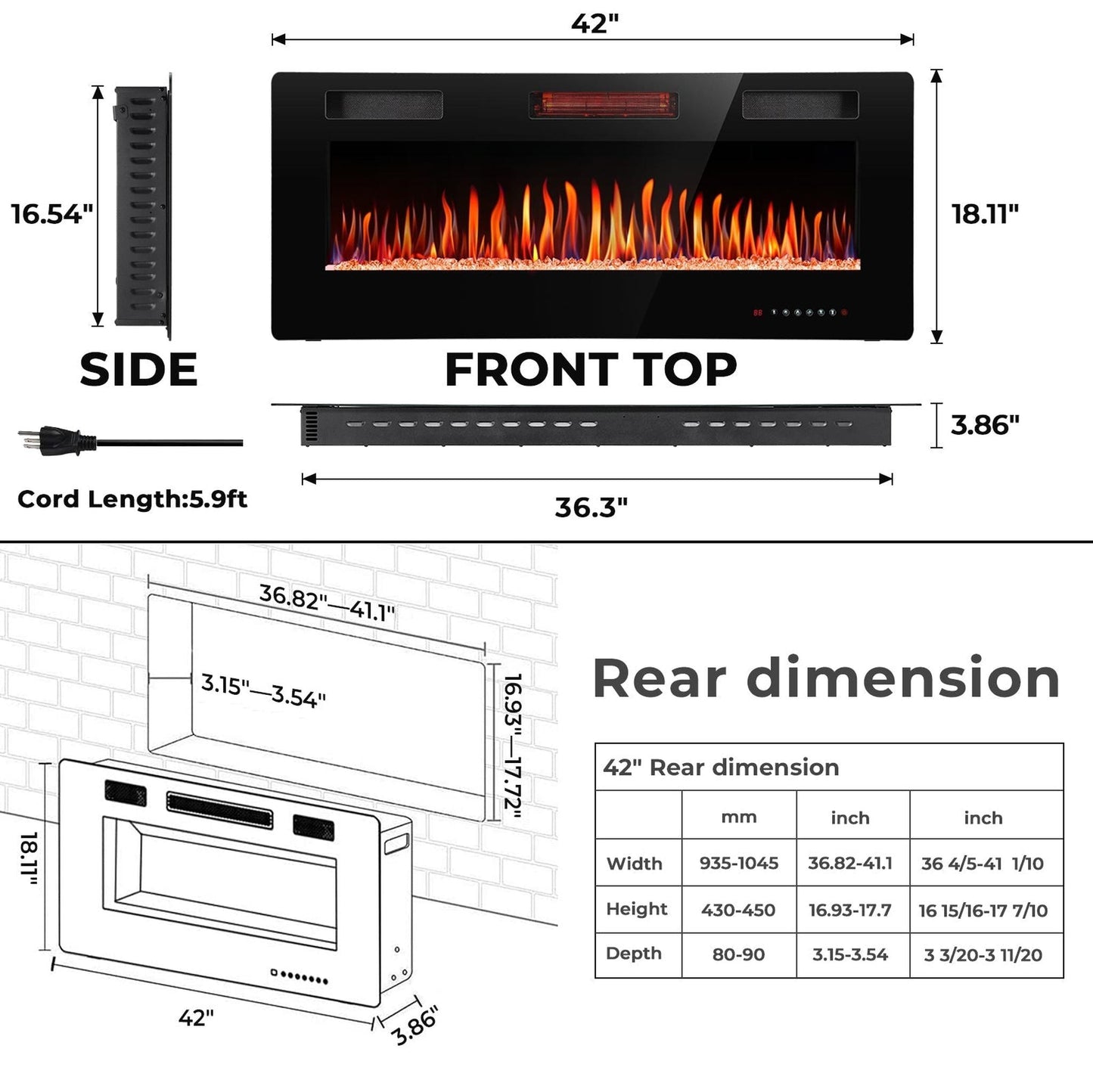 R.W.FLAME C3 Series 42" Black Ultra-Thin Recessed Wall-Mounted Electric Fireplace