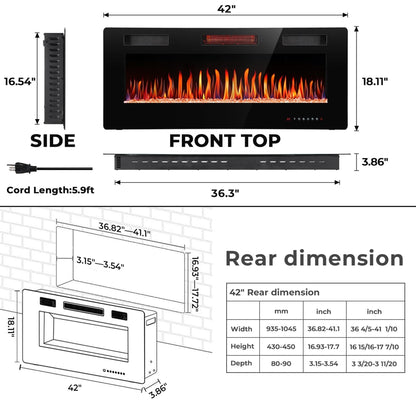 R.W.FLAME C3 Series 42" Black Ultra-Thin Recessed Wall-Mounted Electric Fireplace