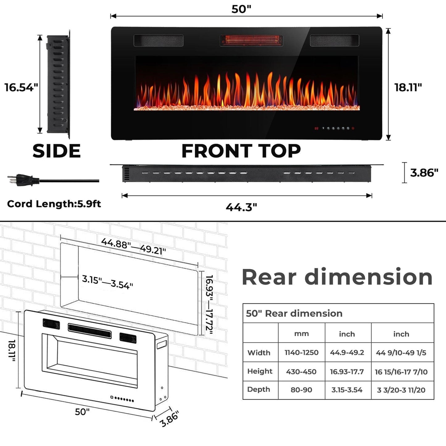 R.W.FLAME C3 Series 50" Black Ultra-Thin Recessed Wall-Mounted Electric Fireplace