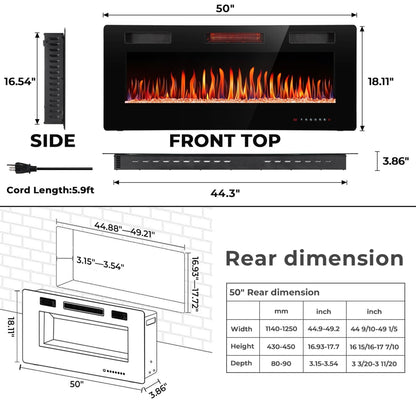 R.W.FLAME C3 Series 50" Black Ultra-Thin Recessed Wall-Mounted Electric Fireplace