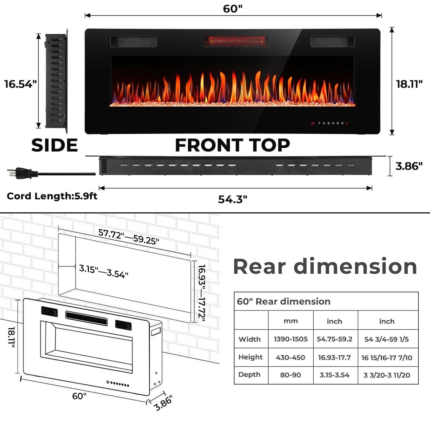 R.W.FLAME C3 Series 60" Black Ultra-Thin Recessed Wall-Mounted Electric Fireplace