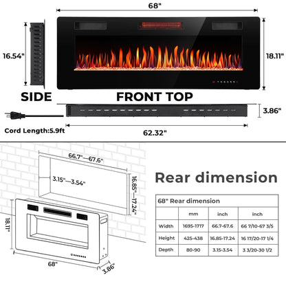 R.W.FLAME C3 Series 68" Black Ultra-Thin Recessed Wall-Mounted Electric Fireplace