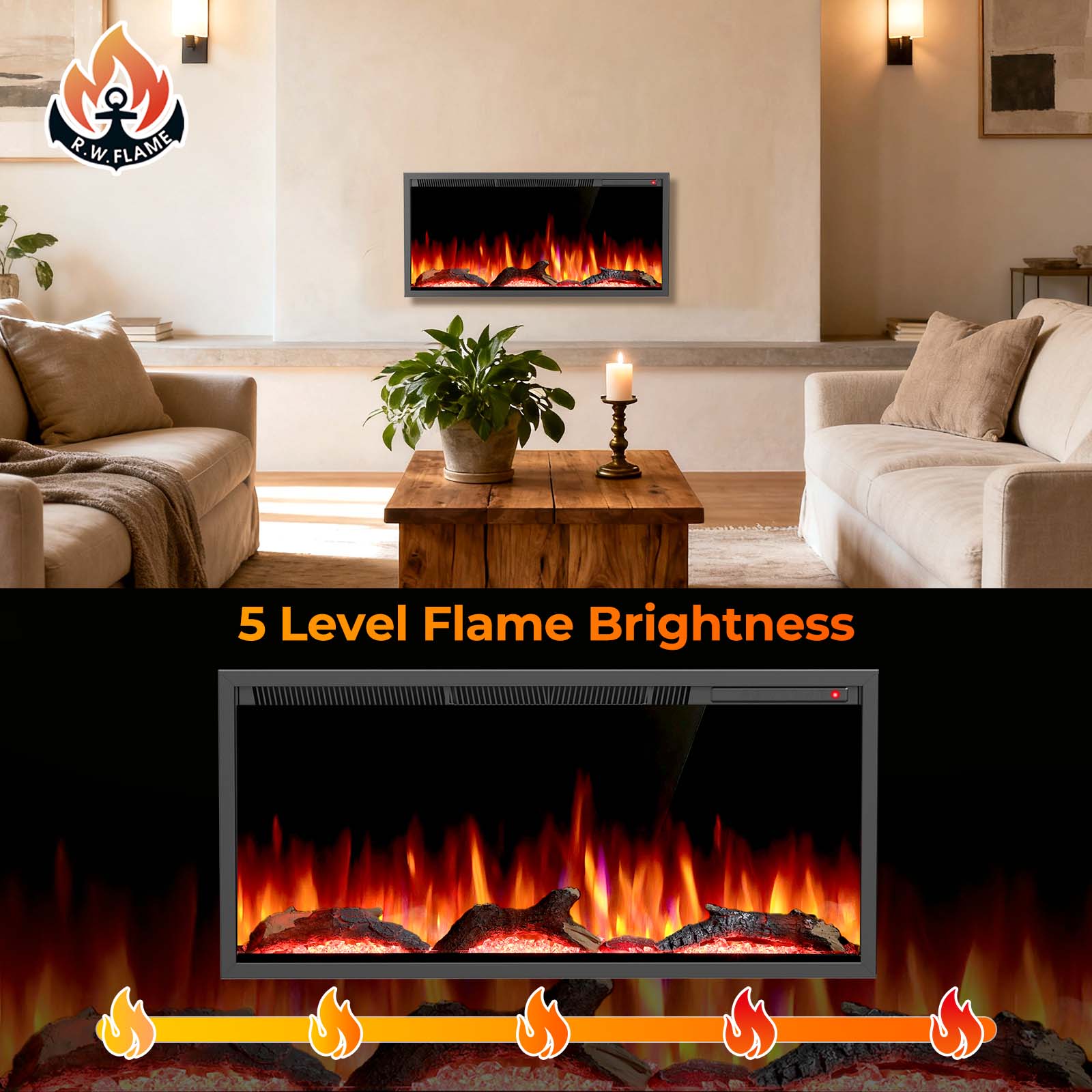 R.W.FLAME C4 Series 36" Black Recessed Wall-Mounted Alexa/WiFi Enabled Smart Electric Fireplace