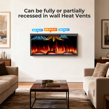 R.W.FLAME C4 Series 36" Black Recessed Wall-Mounted Alexa/WiFi Enabled Smart Electric Fireplace